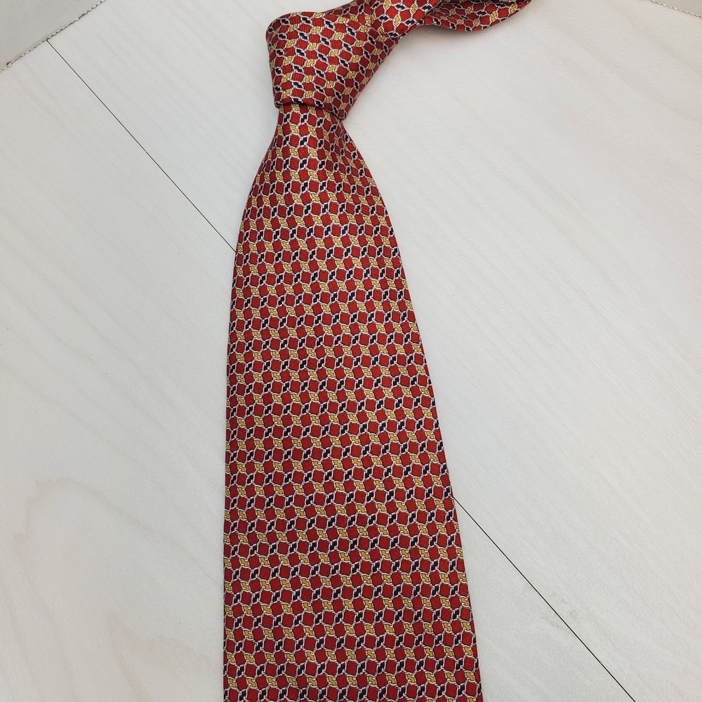 Vivace Mens Silk Necktie Red Gold Navy Blue Geometric Lattice Made USA Wedding
